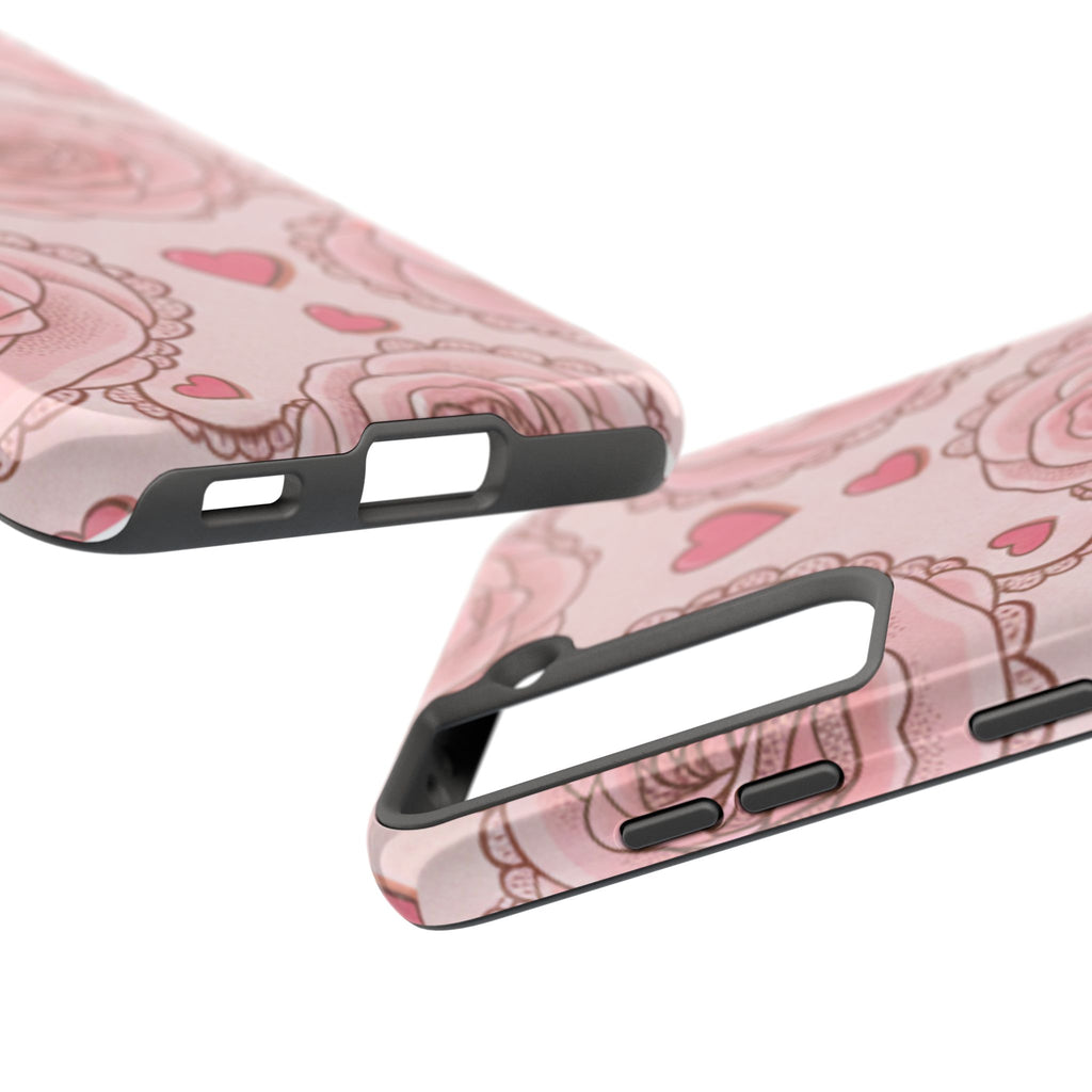Floral Heart Phone Case — Pink Rose Pattern Tough Protective Case