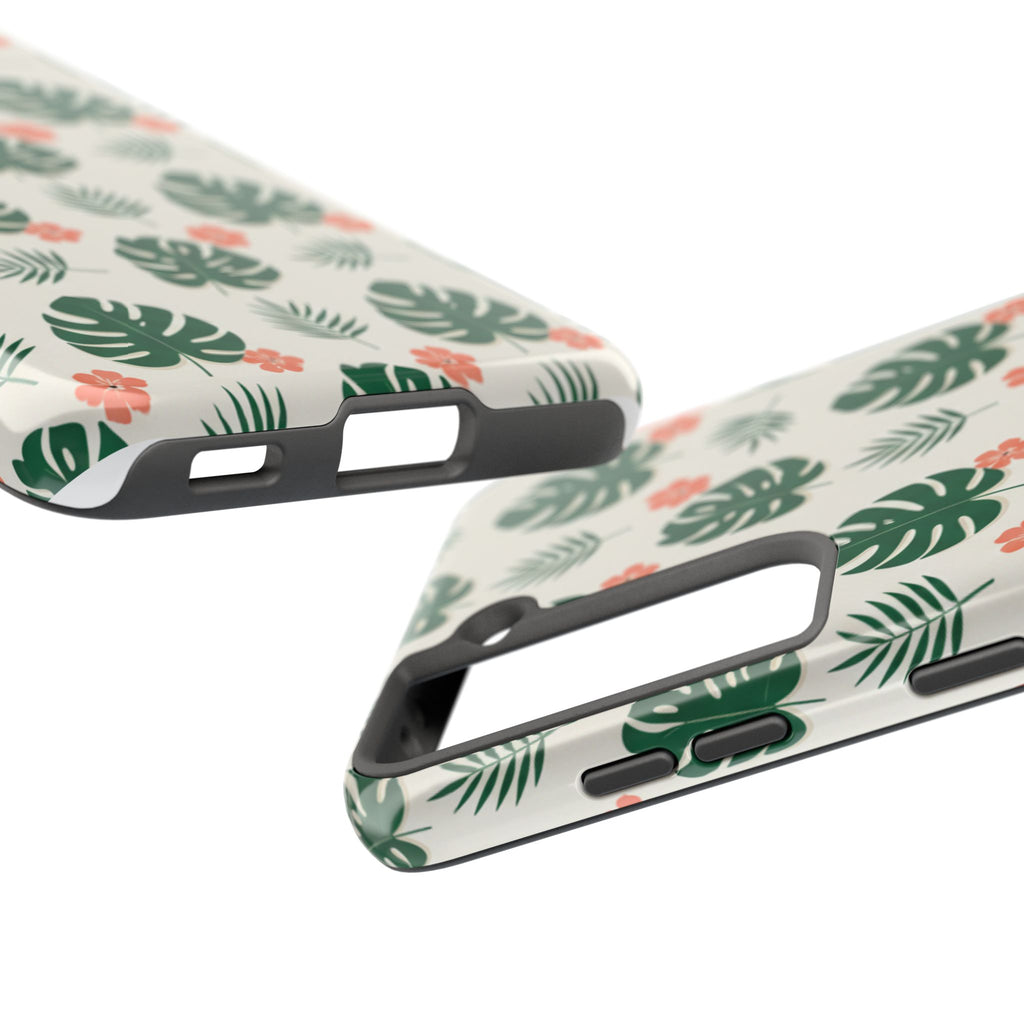 Tropical Leaves Tough Phone Case — Monstera & Pink Floral Protective Cover