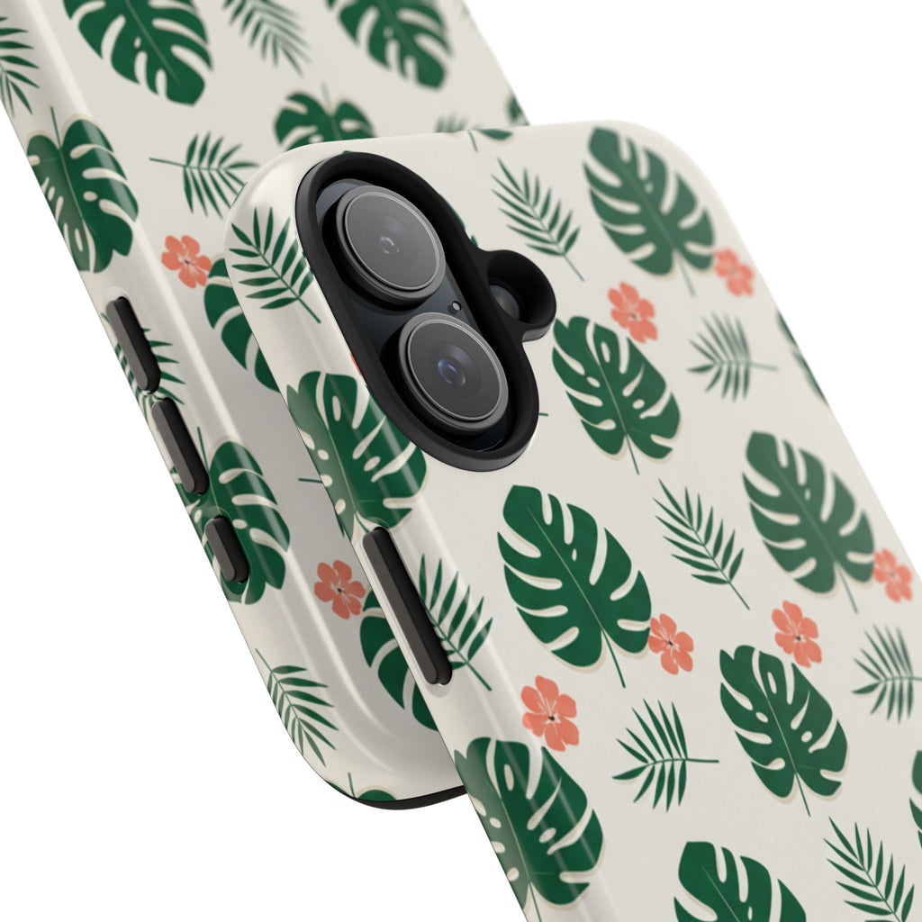 Tropical Leaves Tough Phone Case — Monstera & Pink Floral Protective Cover