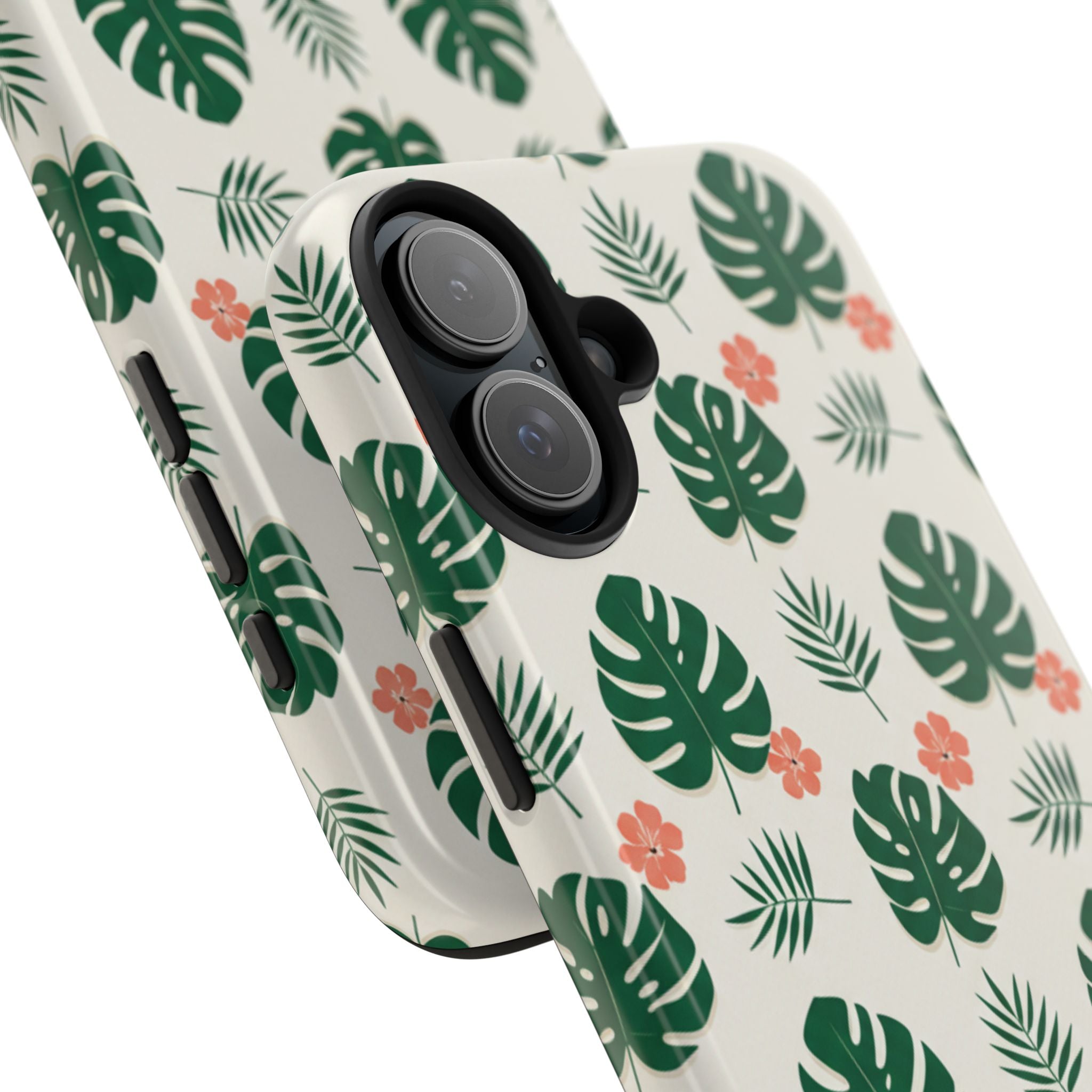 Tropical Leaves Tough Phone Case — Monstera & Pink Floral Protective Cover