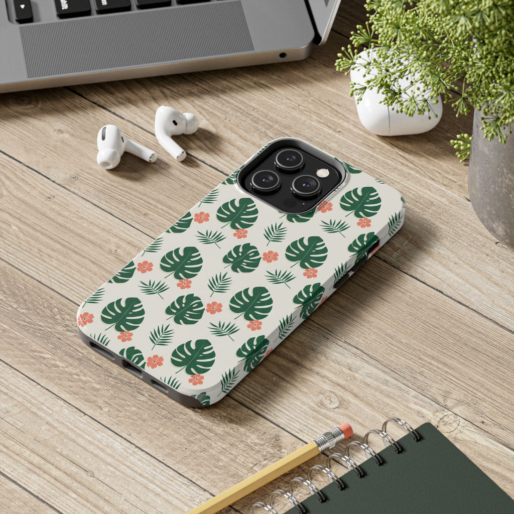 Tropical Leaves Tough Phone Case — Monstera & Pink Floral Protective Cover