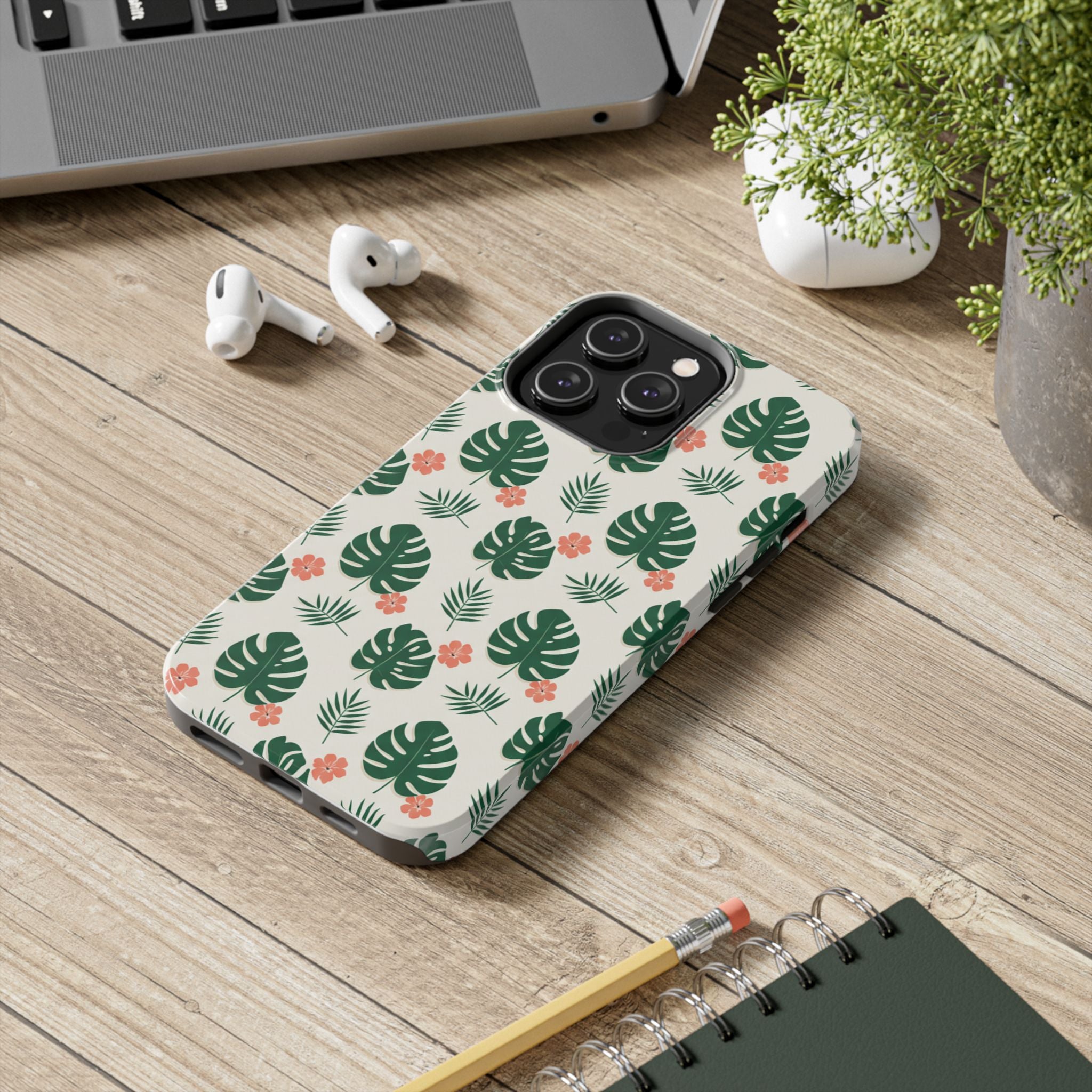 Tropical Leaves Tough Phone Case — Monstera & Pink Floral Protective Cover