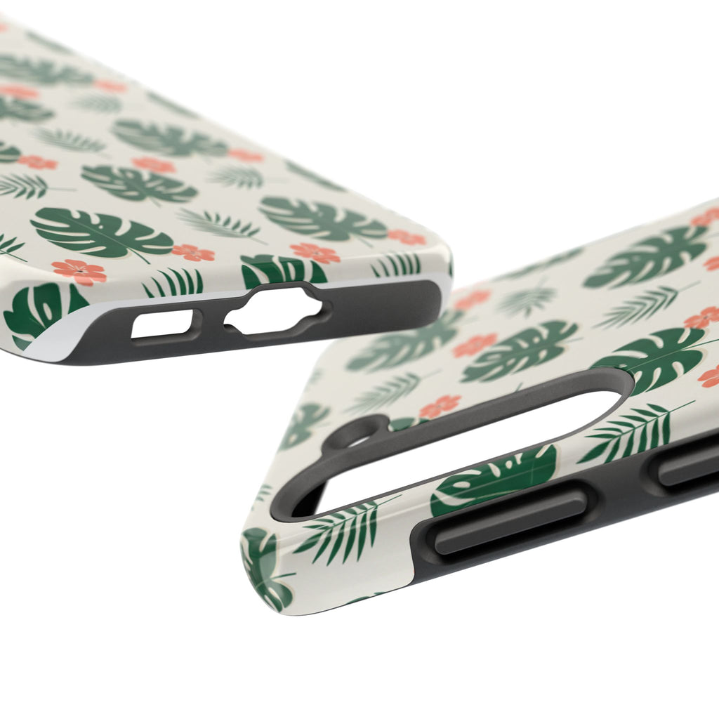 Tropical Leaves Tough Phone Case — Monstera & Pink Floral Protective Cover