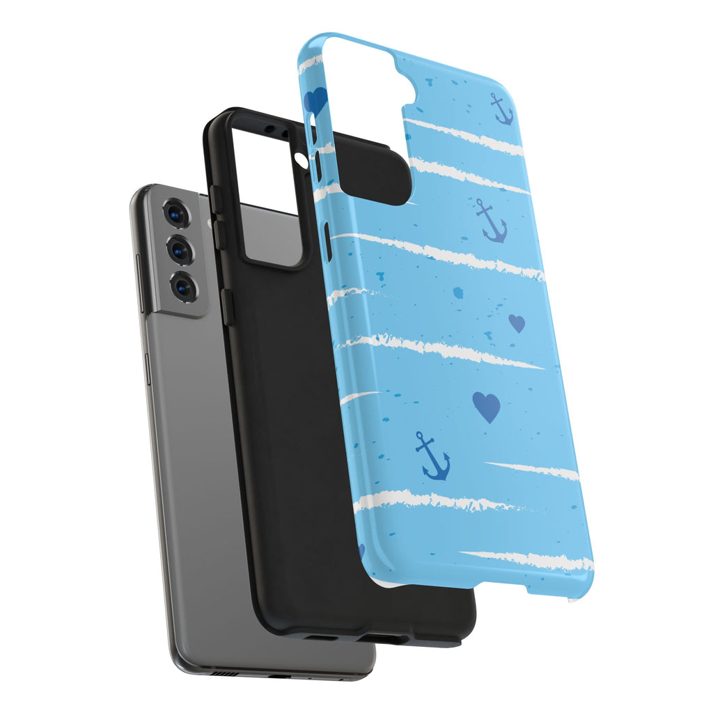 Nautical Blue Anchor & Hearts Tough Phone Case — Cute Striped Protective Cover