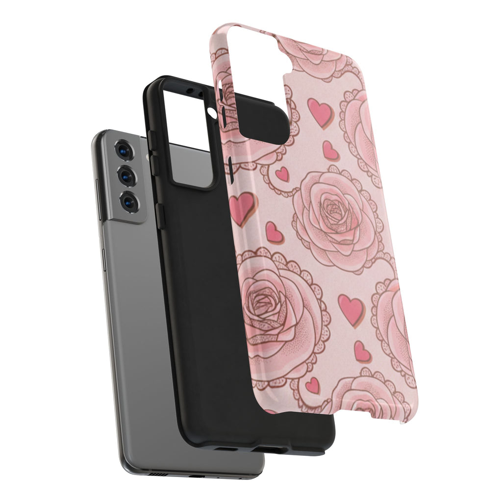 Floral Heart Phone Case — Pink Rose Pattern Tough Protective Case