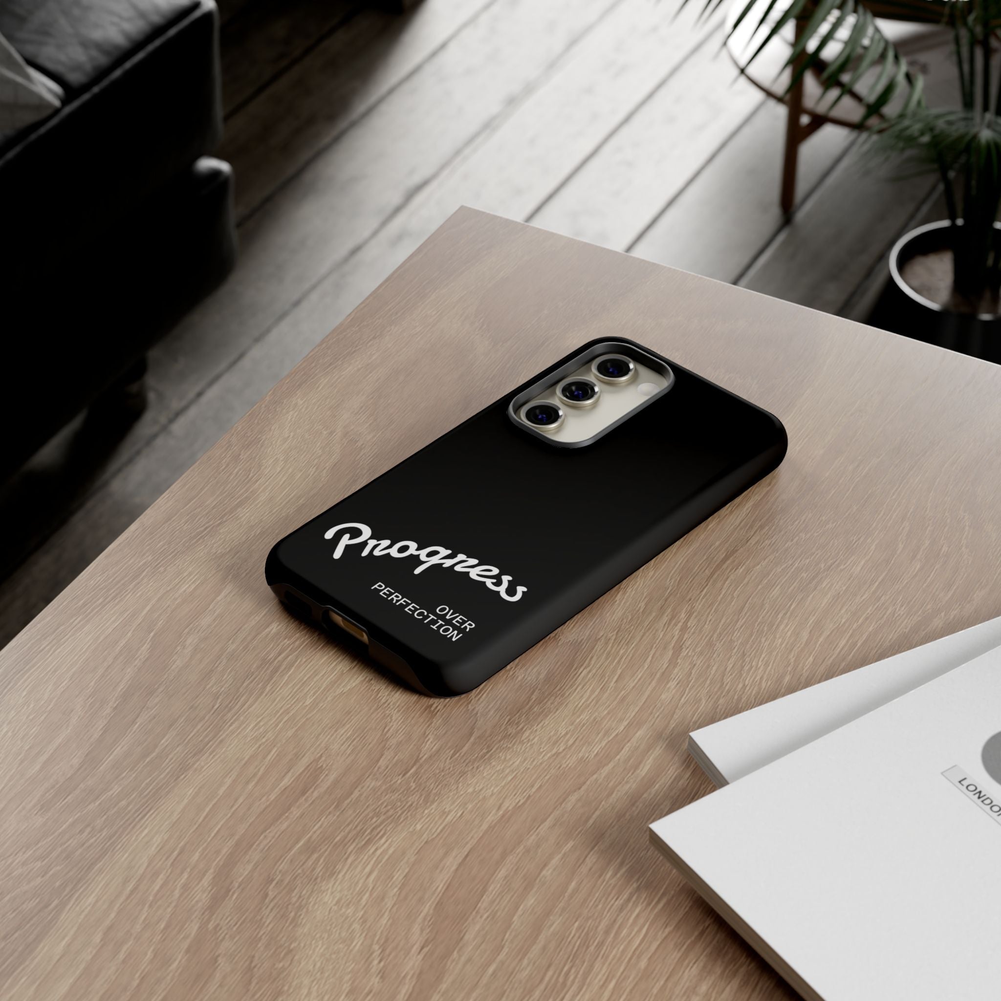 Phone Case - "Progress Over Perfection" Glossy Black Protective Cover