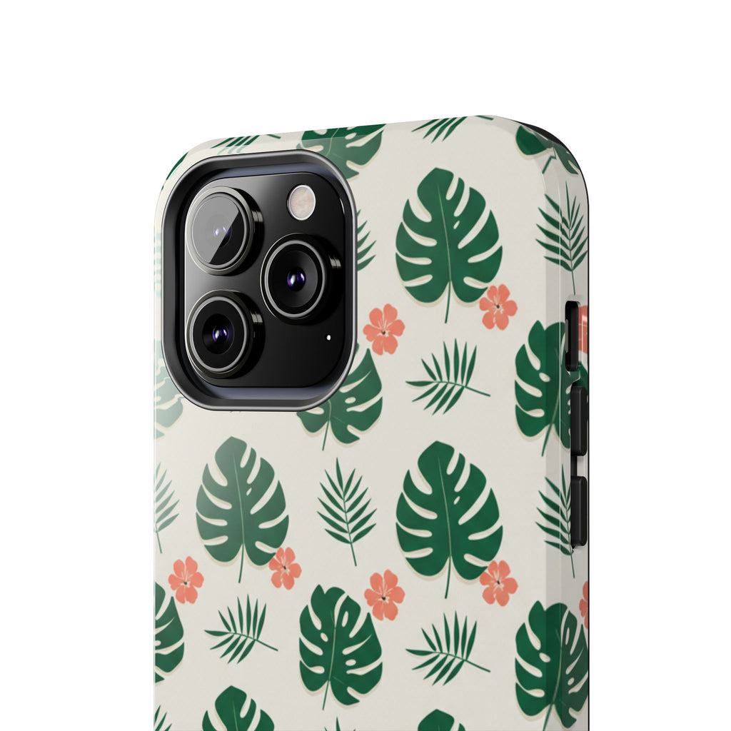 Tropical Leaves Tough Phone Case — Monstera & Pink Floral Protective Cover