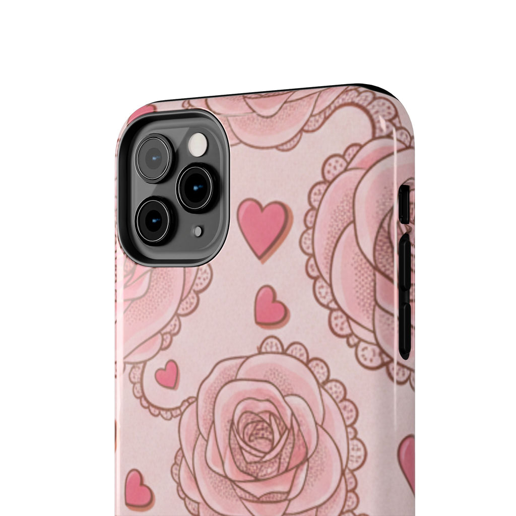 Floral Heart Phone Case — Pink Rose Pattern Tough Protective Case