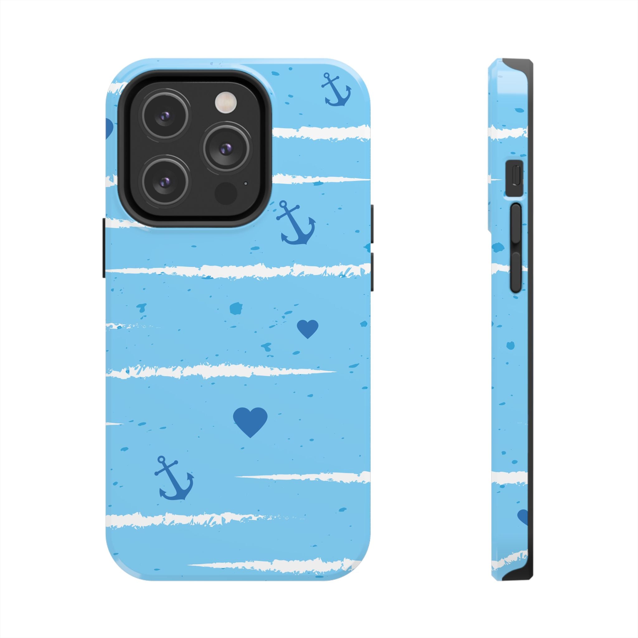 Nautical Blue Anchor & Hearts Tough Phone Case — Cute Striped Protective Cover