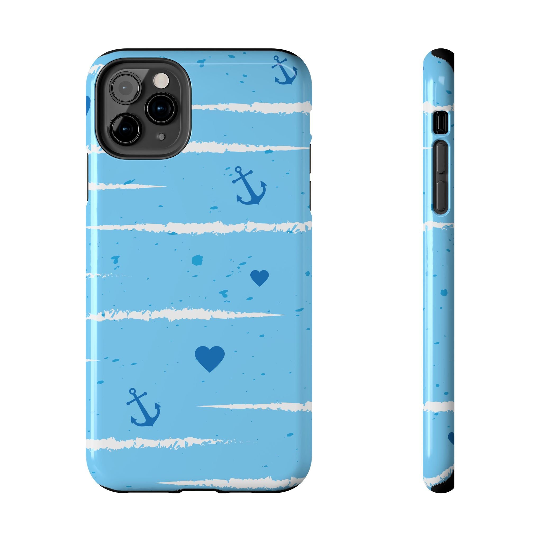 Nautical Blue Anchor & Hearts Tough Phone Case — Cute Striped Protective Cover