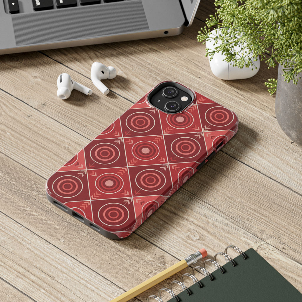 Red Geometric Target Pattern Tough Phone Case — Protective Abstract Retro Design