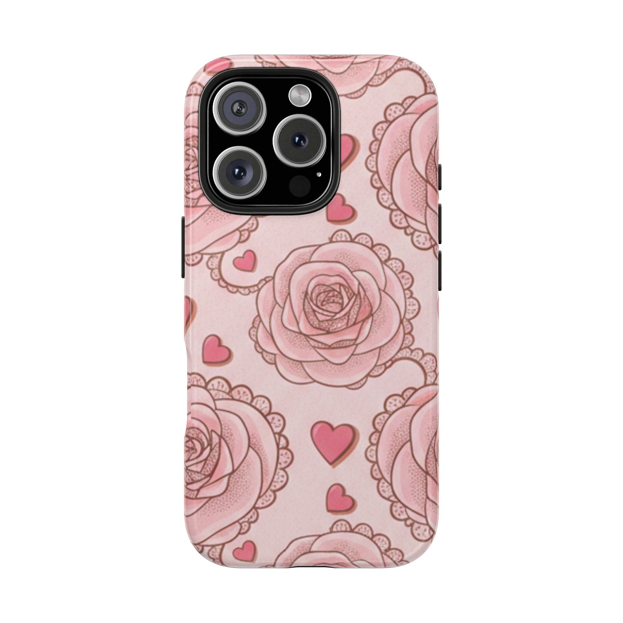 Floral Heart Phone Case — Pink Rose Pattern Tough Protective Case