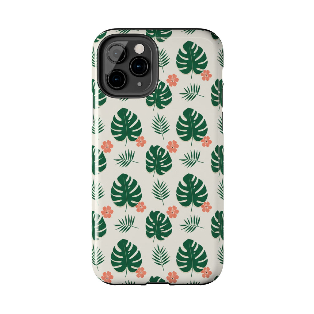 Tropical Leaves Tough Phone Case — Monstera & Pink Floral Protective Cover