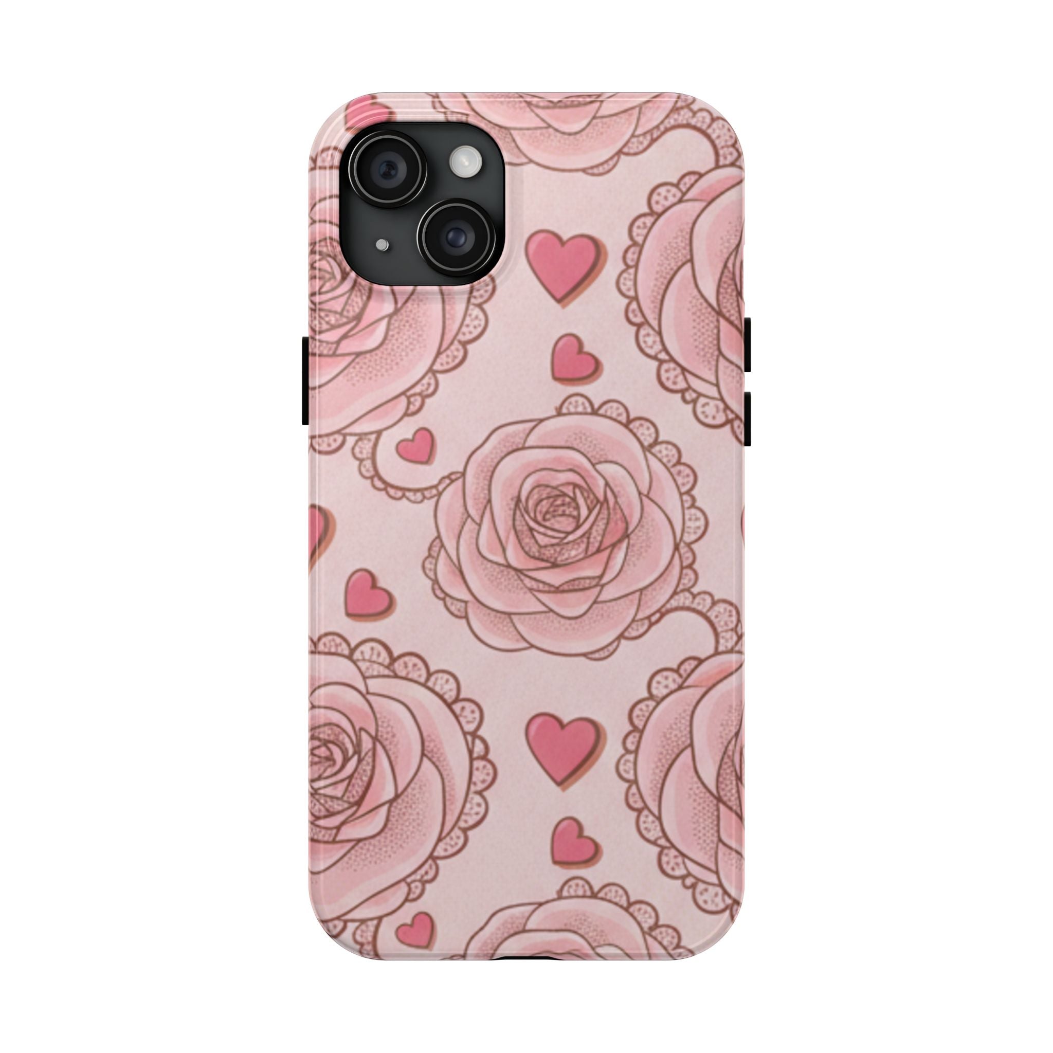 Floral Heart Phone Case — Pink Rose Pattern Tough Protective Case