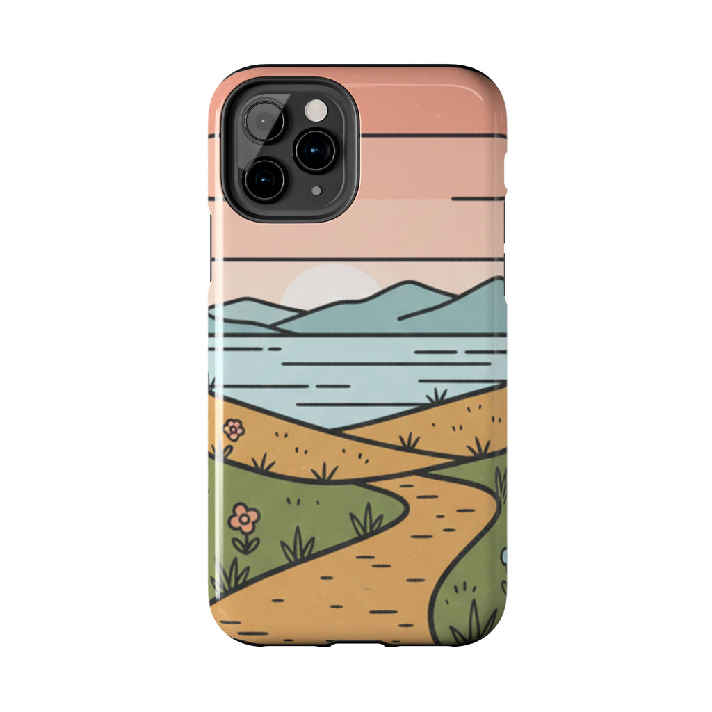 Scenic Path Tough Phone Case — Pastel Lake & Mountain Protective Cover