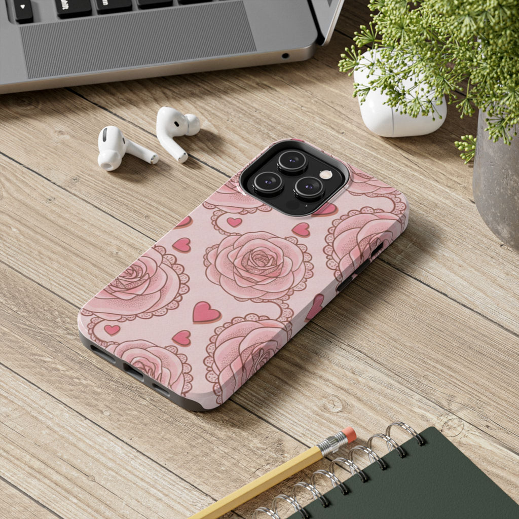 Floral Heart Phone Case — Pink Rose Pattern Tough Protective Case