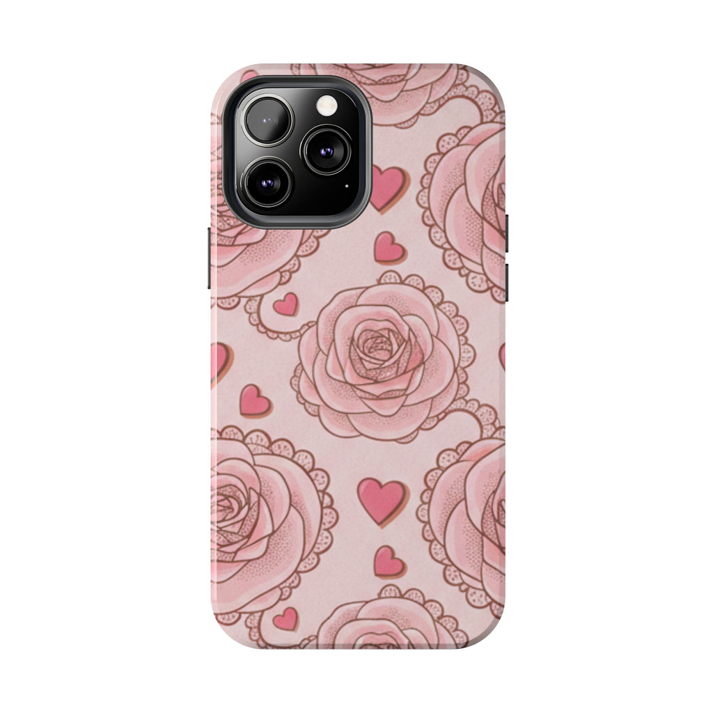 Floral Heart Phone Case — Pink Rose Pattern Tough Protective Case