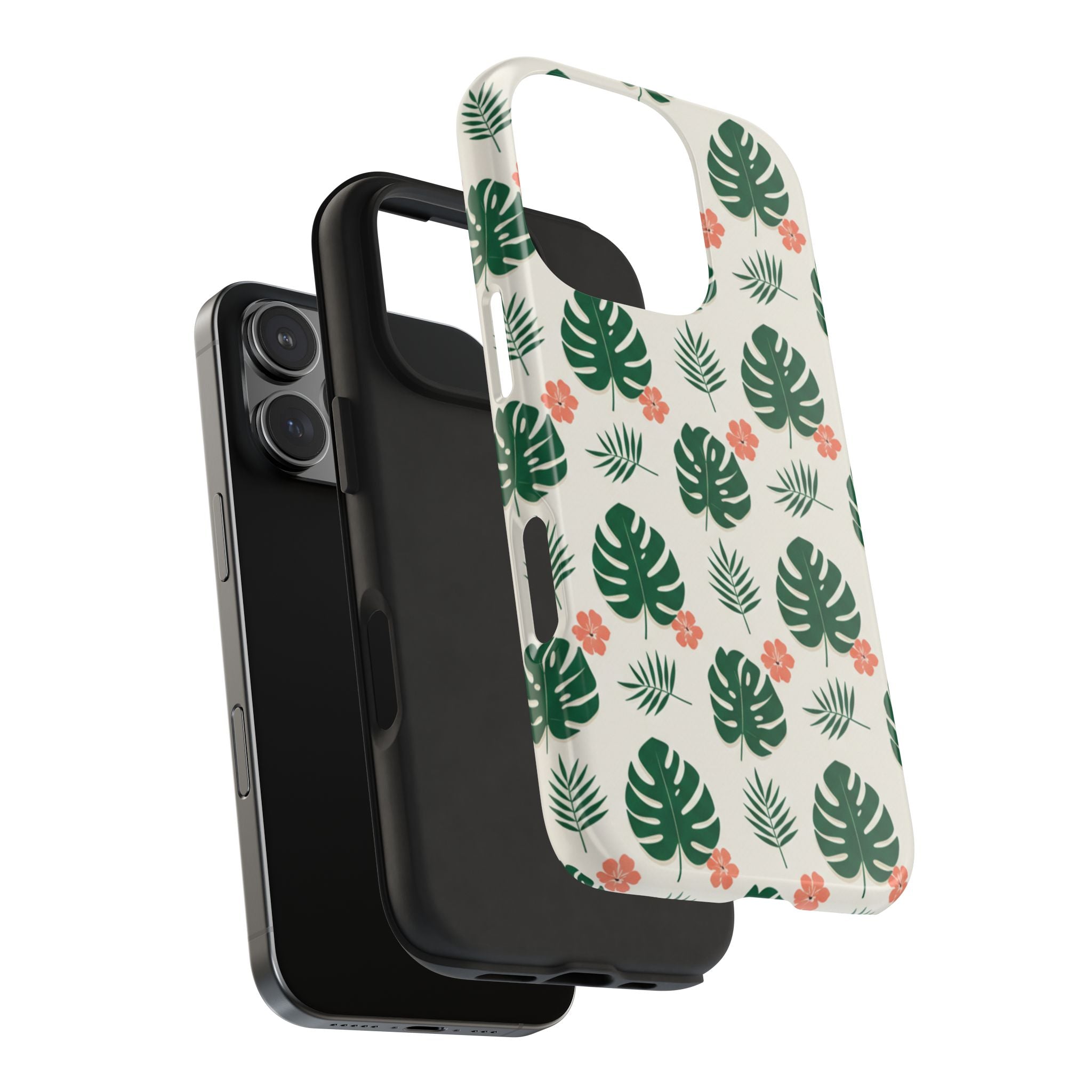 Tropical Leaves Tough Phone Case — Monstera & Pink Floral Protective Cover