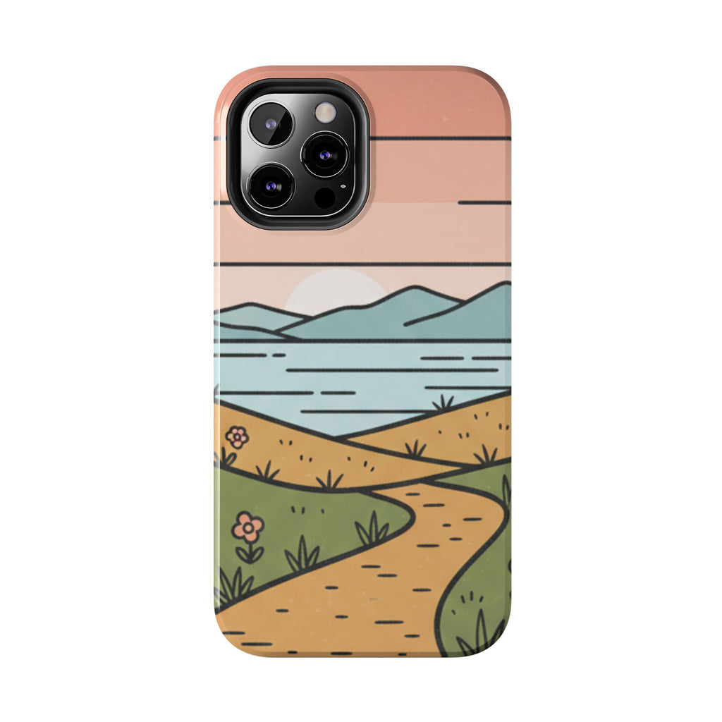 Scenic Path Tough Phone Case — Pastel Lake & Mountain Protective Cover