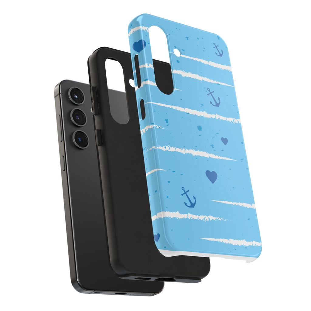 Nautical Blue Anchor & Hearts Tough Phone Case — Cute Striped Protective Cover
