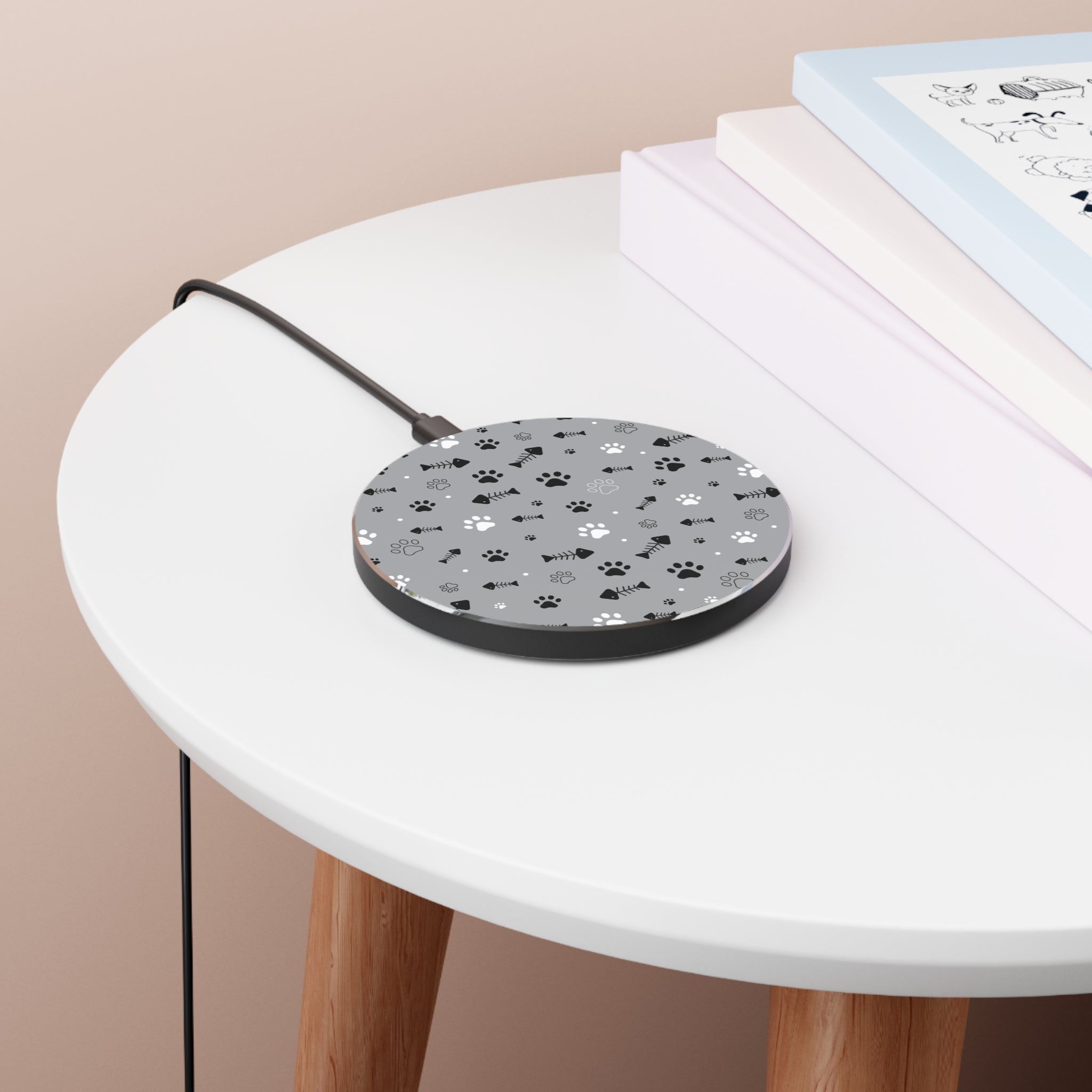 Wireless Charger — Gray Cat Paw & Fishbone Pattern Fast Qi Charging Pad