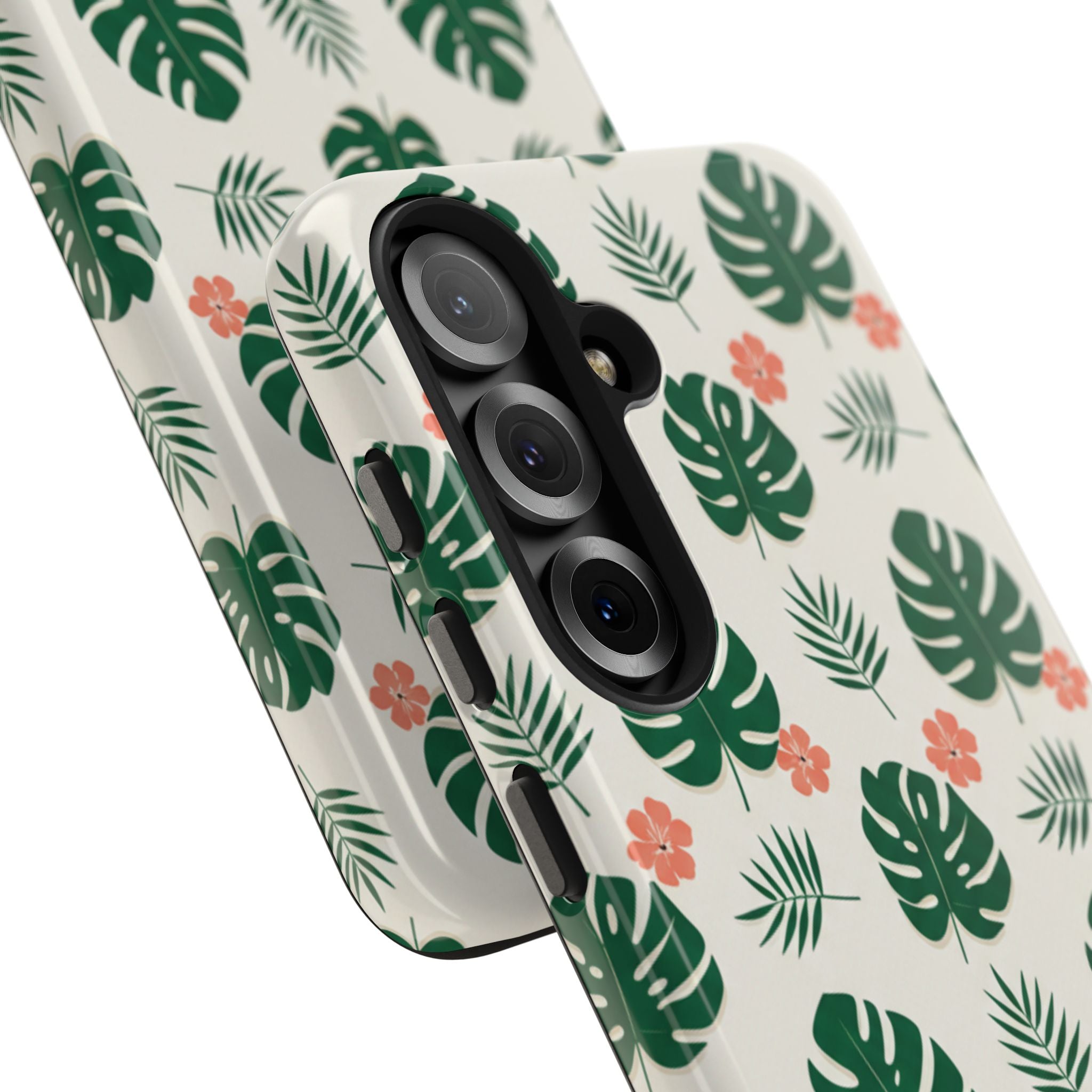 Tropical Leaves Tough Phone Case — Monstera & Pink Floral Protective Cover