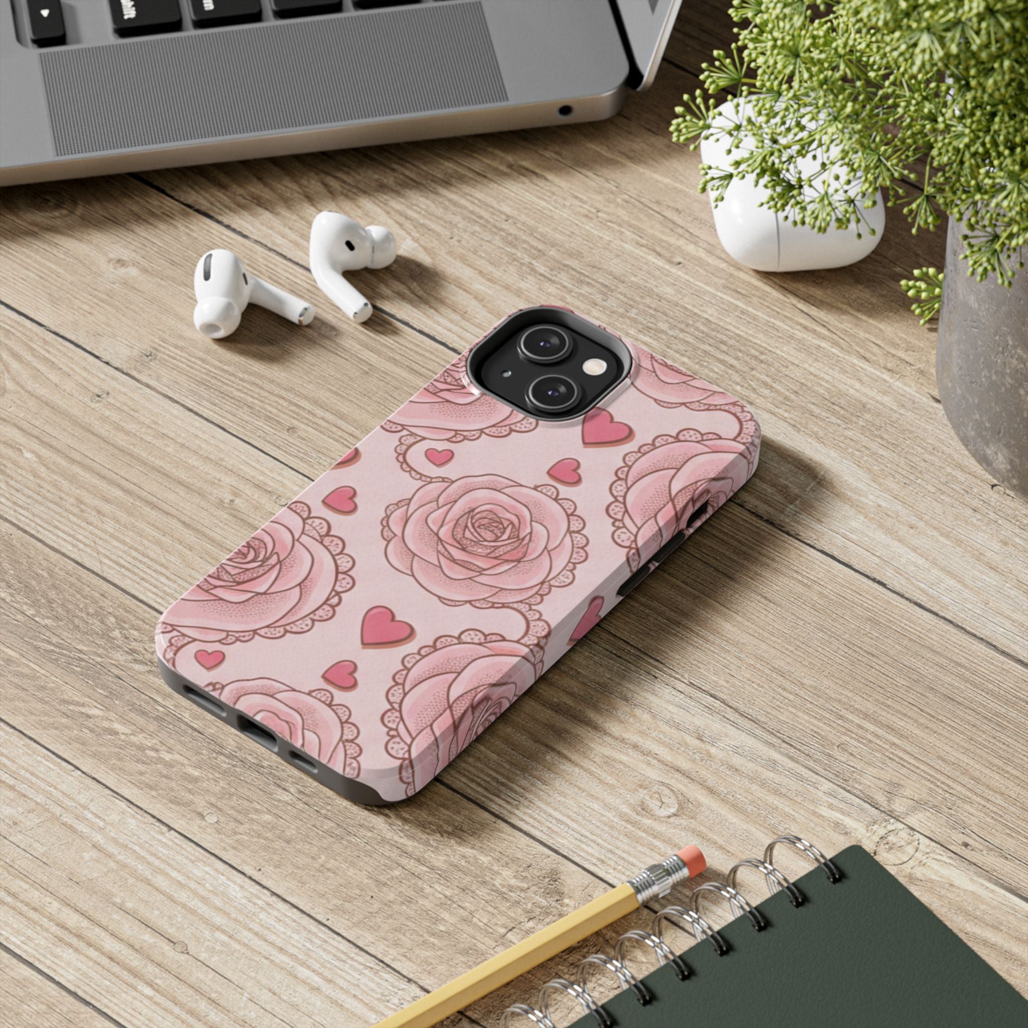 Floral Heart Phone Case — Pink Rose Pattern Tough Protective Case