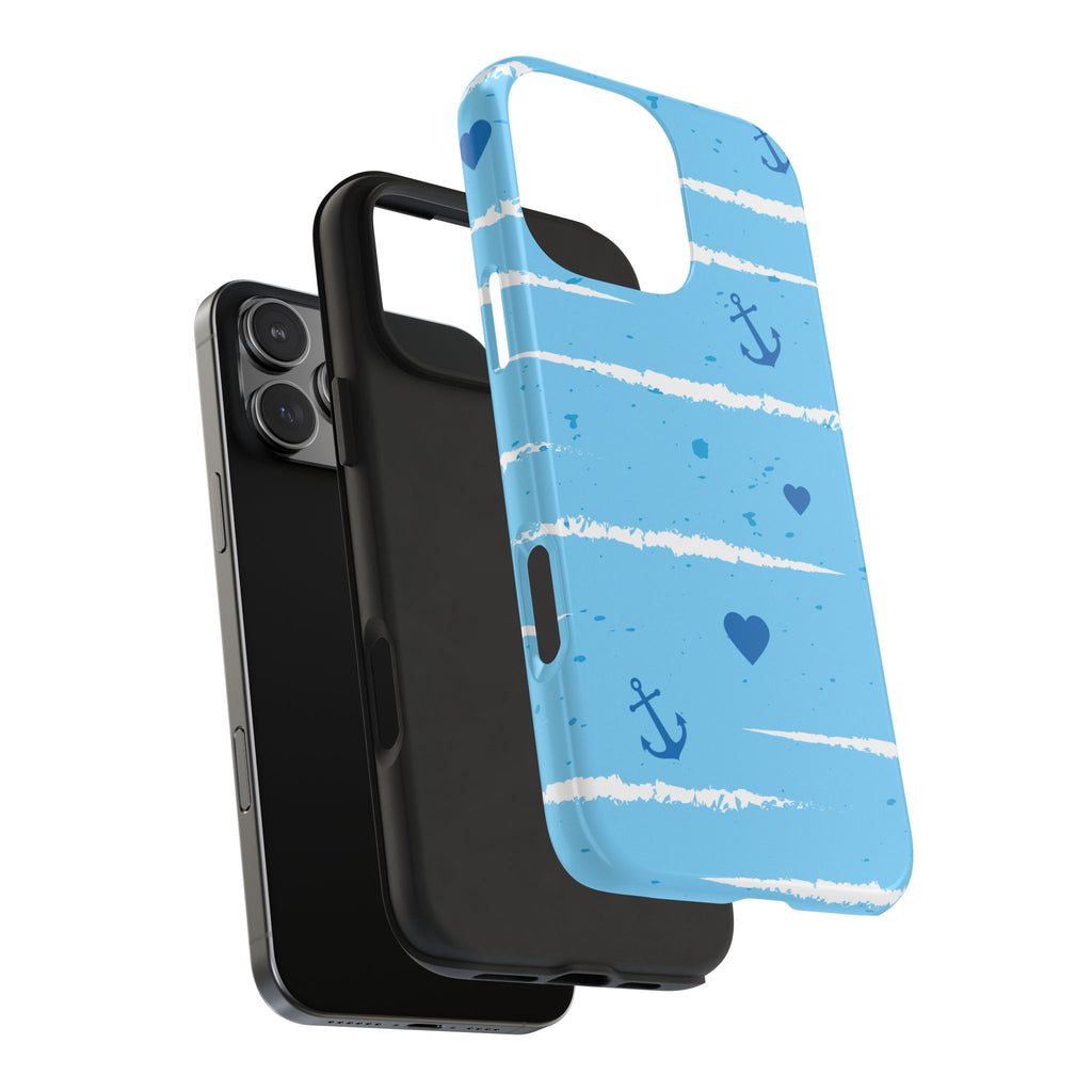 Nautical Blue Anchor & Hearts Tough Phone Case — Cute Striped Protective Cover