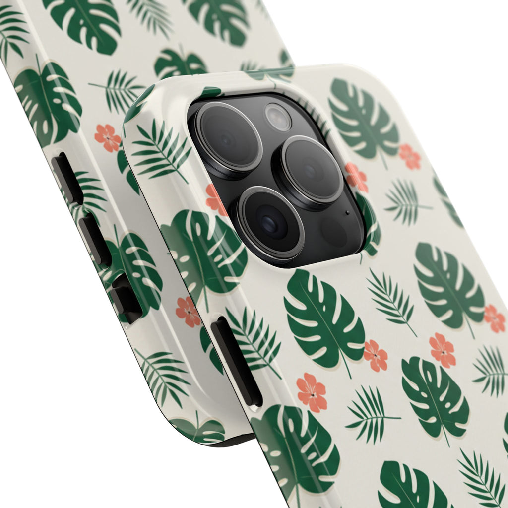 Tropical Leaves Tough Phone Case — Monstera & Pink Floral Protective Cover