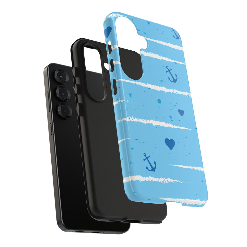 Nautical Blue Anchor & Hearts Tough Phone Case — Cute Striped Protective Cover
