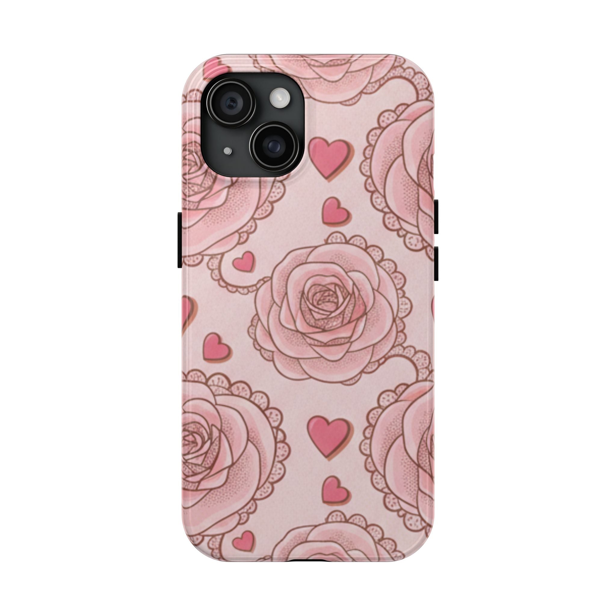 Floral Heart Phone Case — Pink Rose Pattern Tough Protective Case