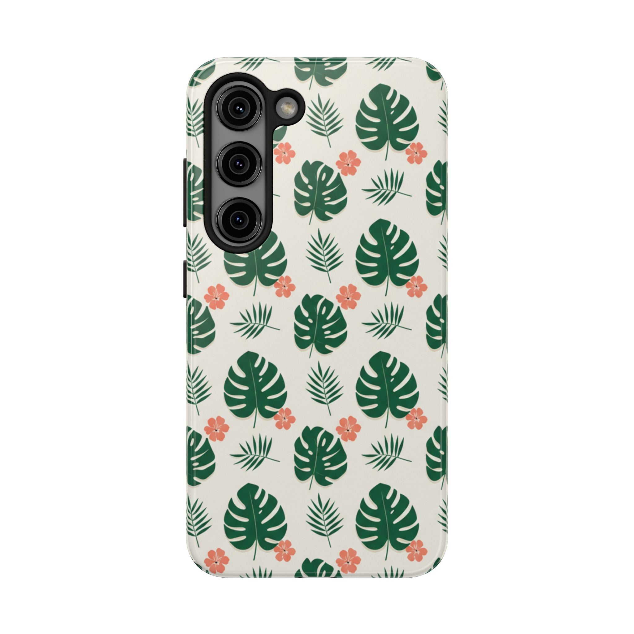 Tropical Leaves Tough Phone Case — Monstera & Pink Floral Protective Cover