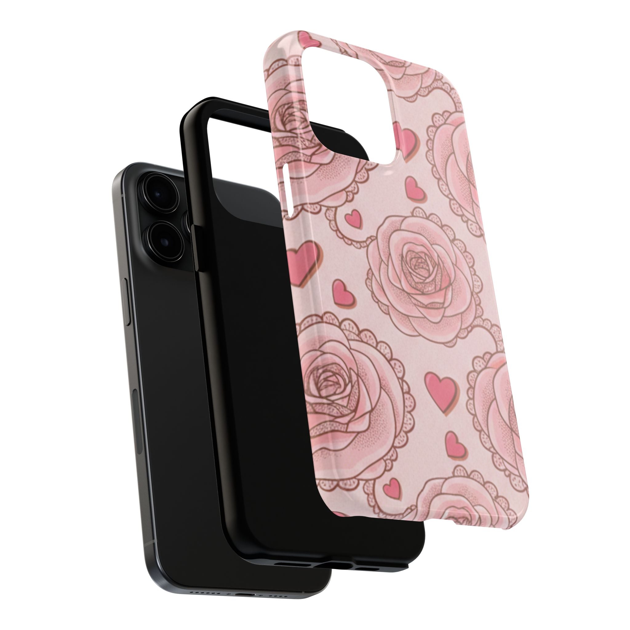 Floral Heart Phone Case — Pink Rose Pattern Tough Protective Case