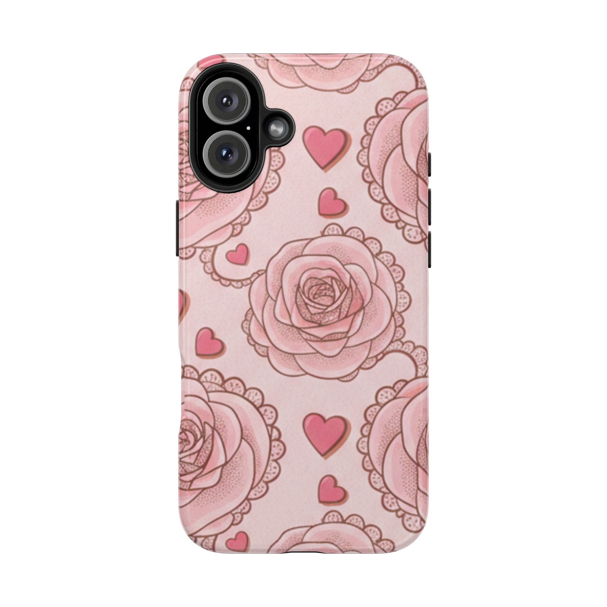 Floral Heart Phone Case — Pink Rose Pattern Tough Protective Case