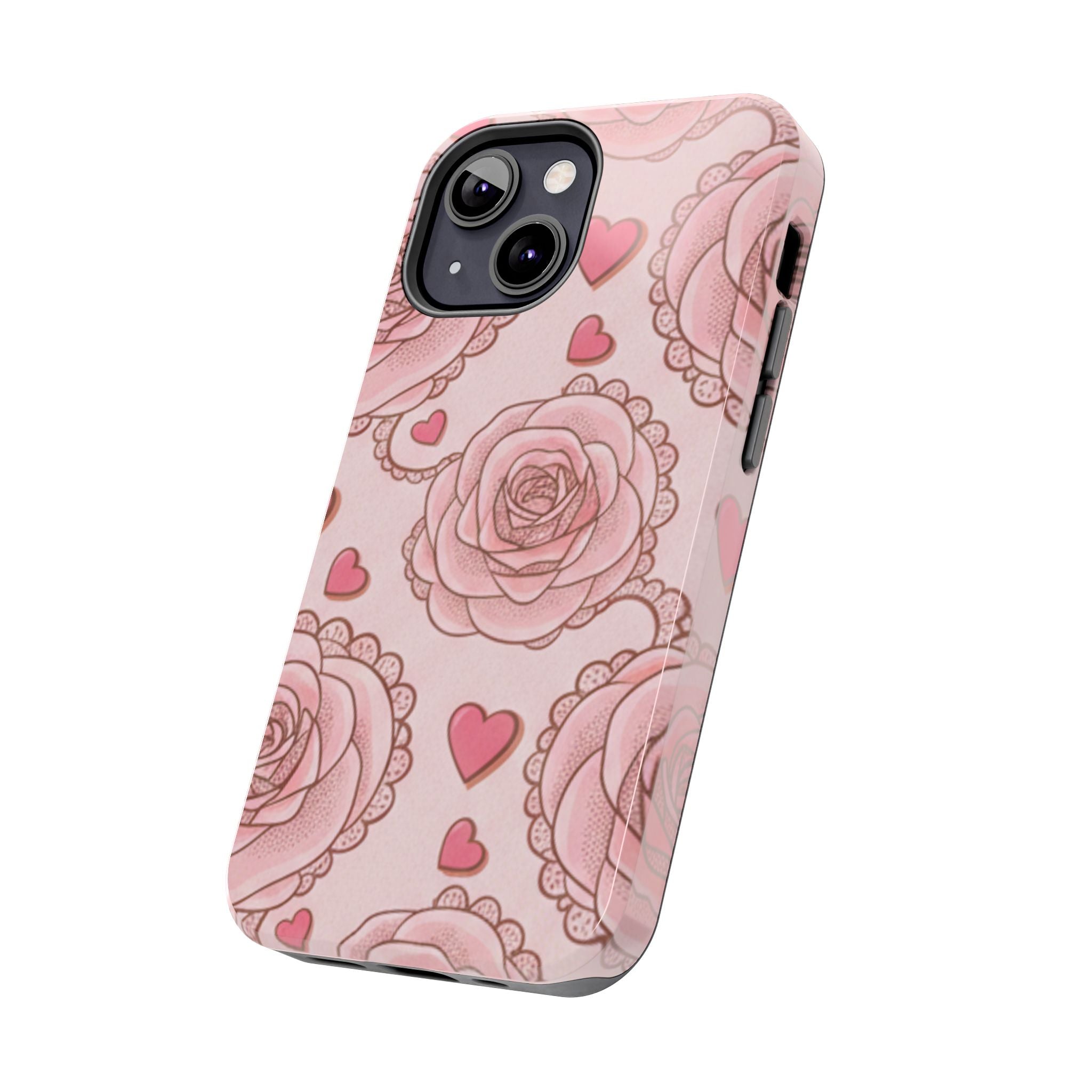Floral Heart Phone Case — Pink Rose Pattern Tough Protective Case