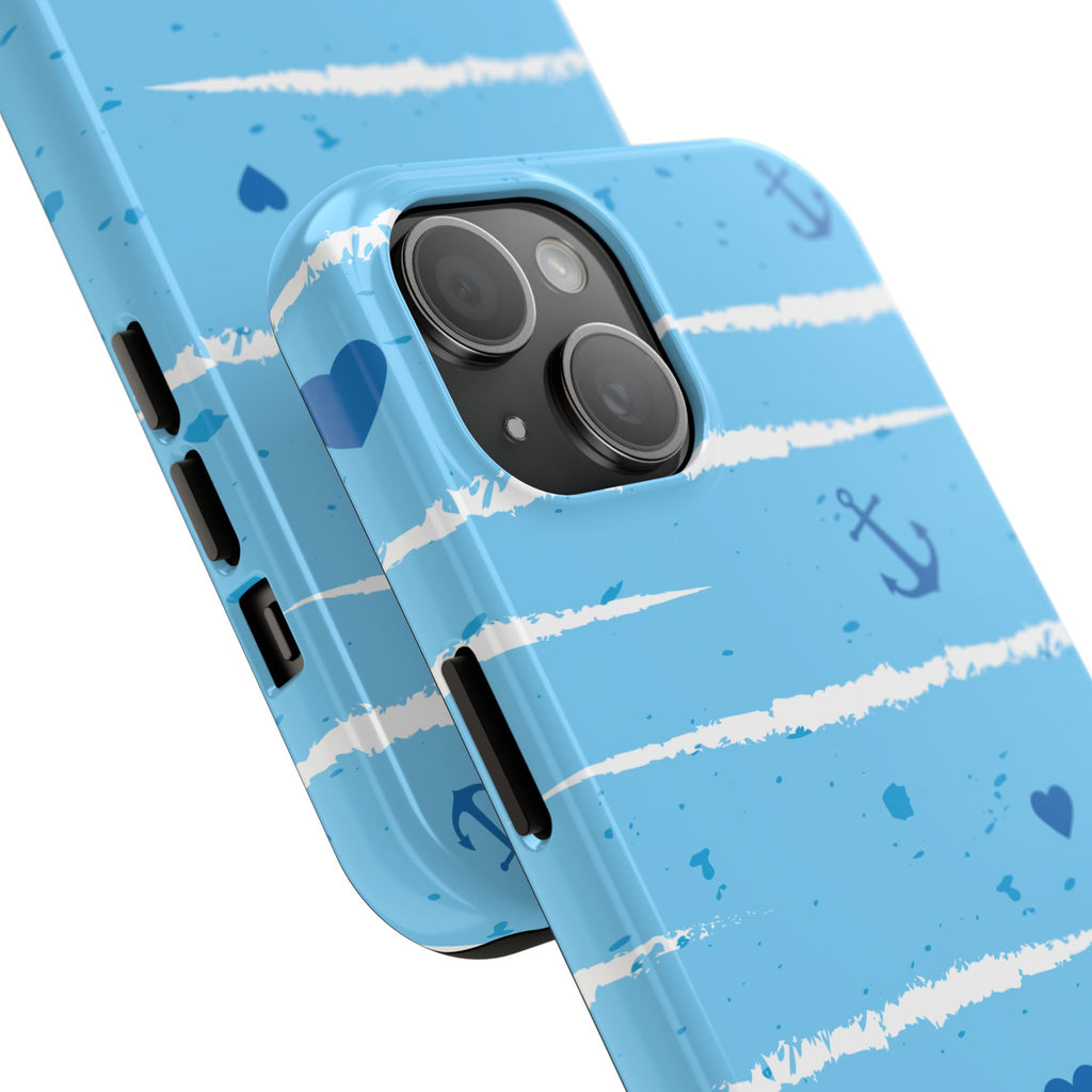 Nautical Blue Anchor & Hearts Tough Phone Case — Cute Striped Protective Cover