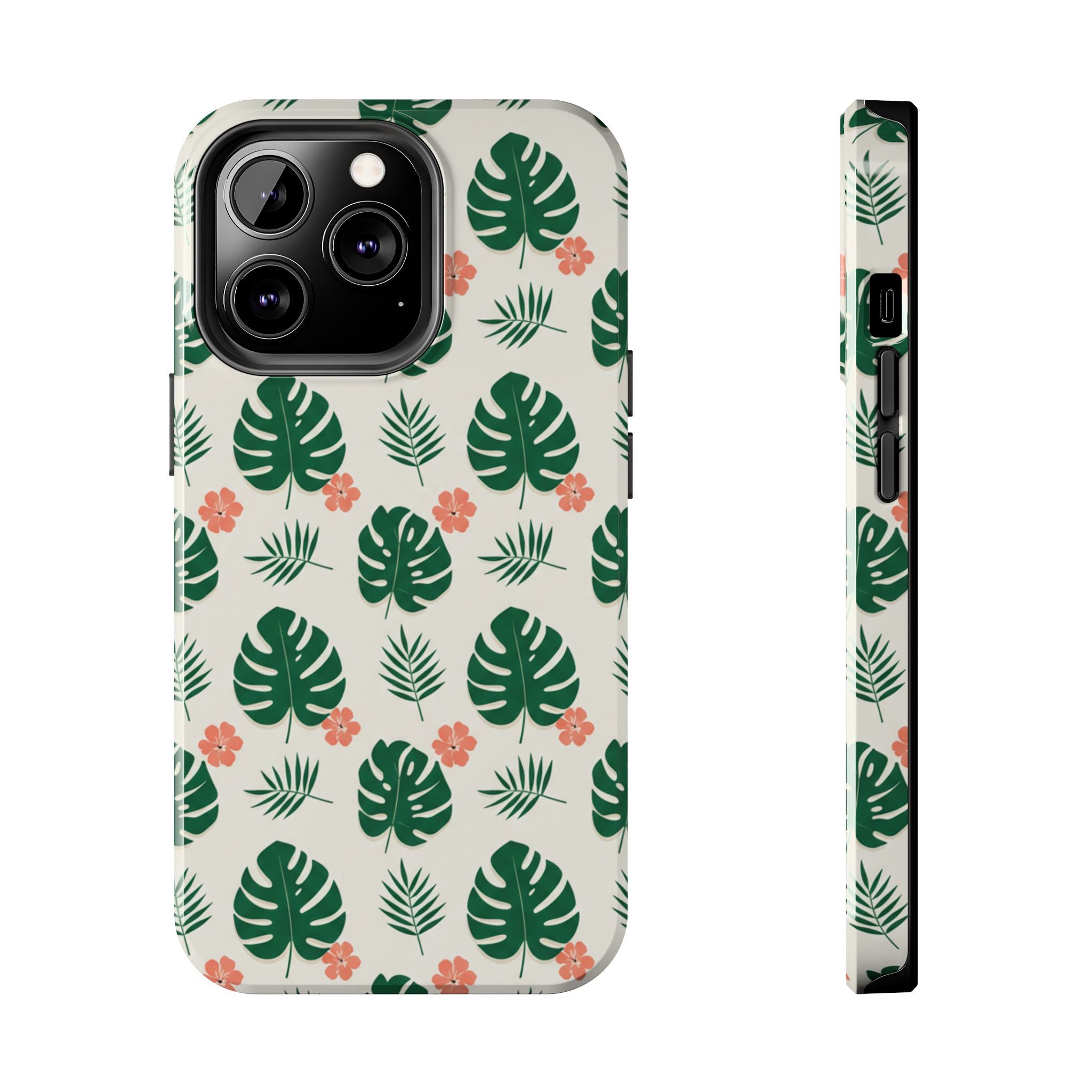 Tropical Leaves Tough Phone Case — Monstera & Pink Floral Protective Cover
