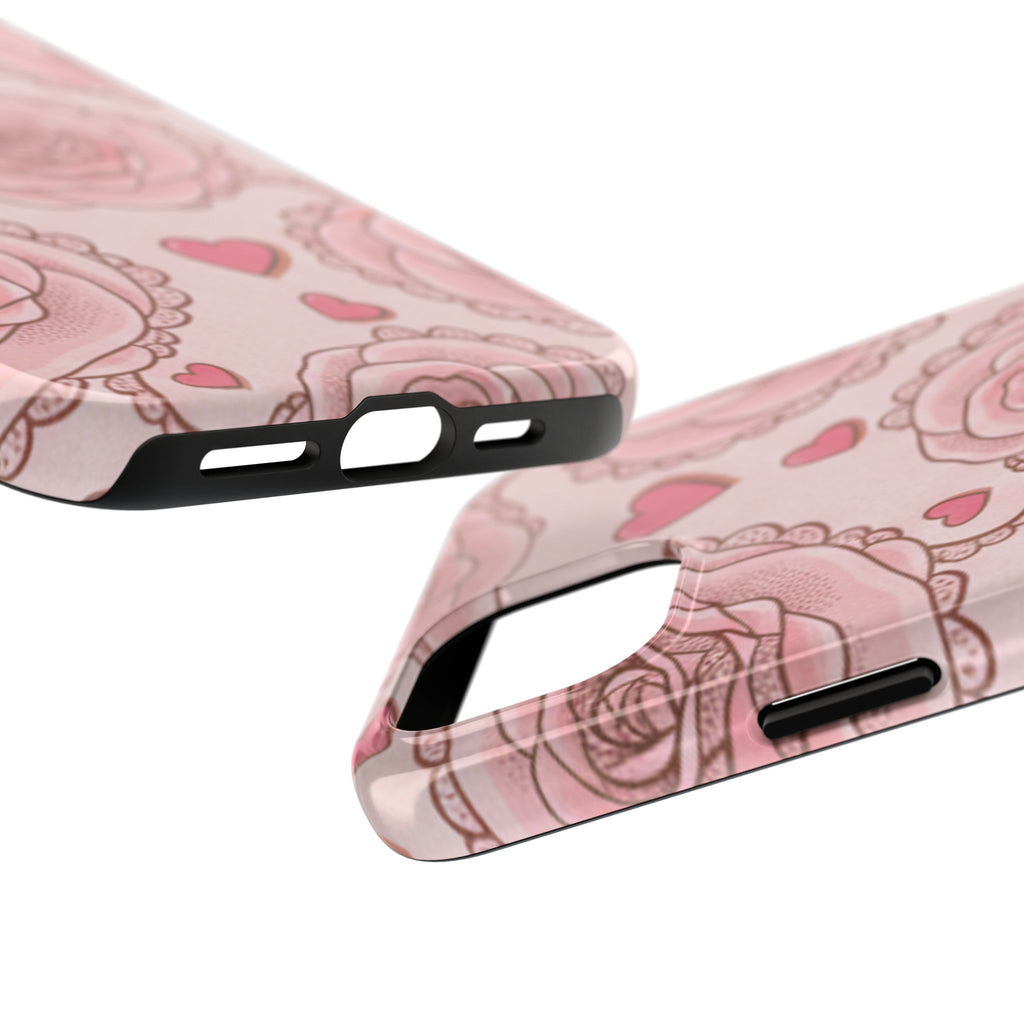 Floral Heart Phone Case — Pink Rose Pattern Tough Protective Case
