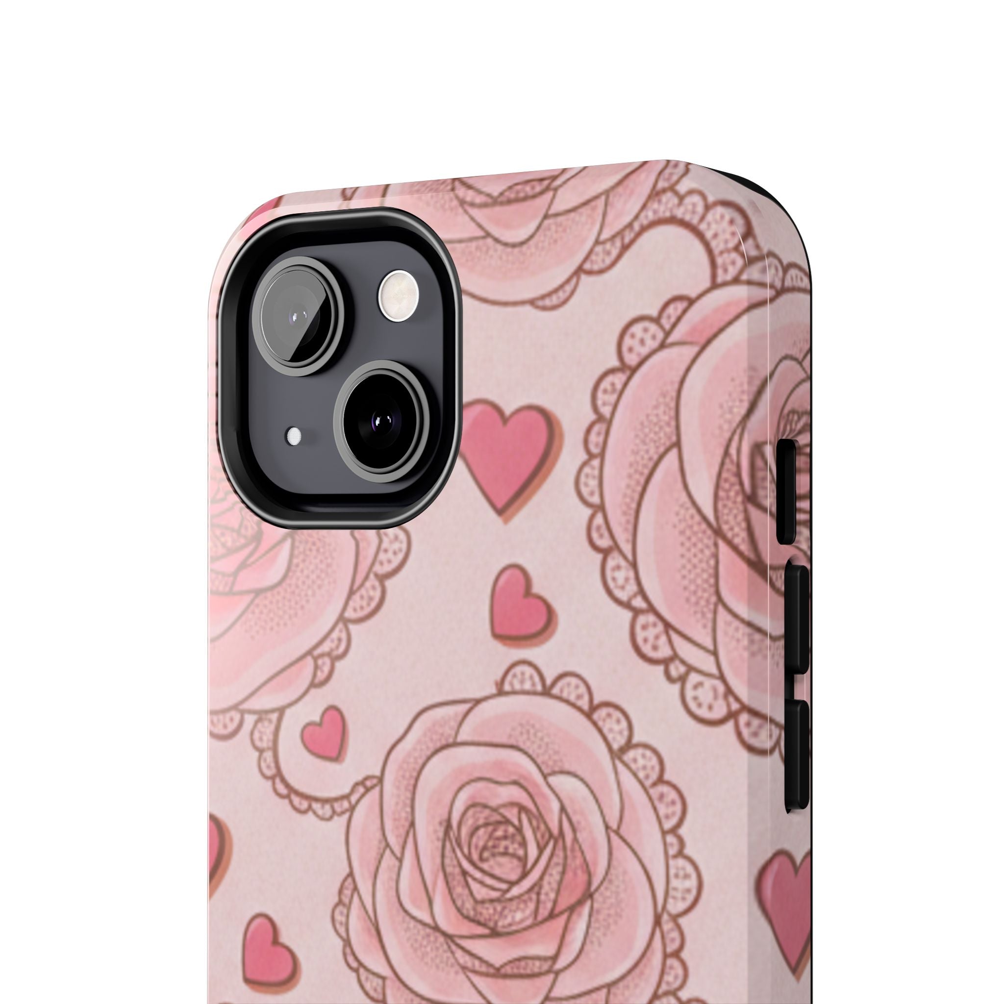 Floral Heart Phone Case — Pink Rose Pattern Tough Protective Case