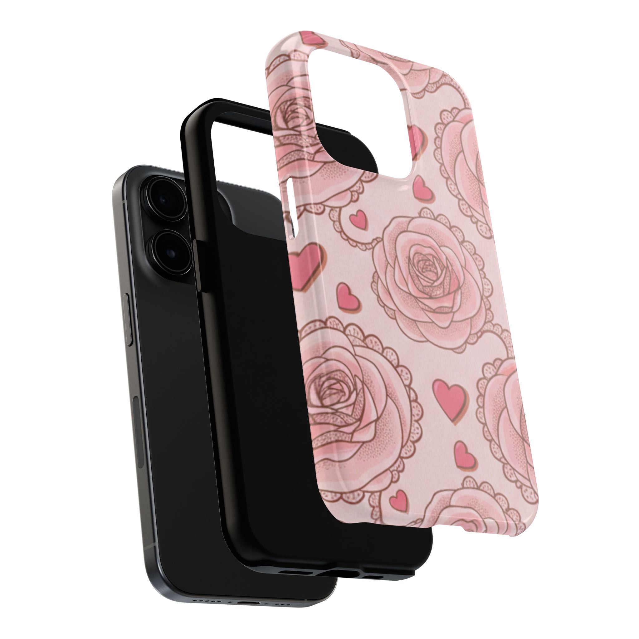 Floral Heart Phone Case — Pink Rose Pattern Tough Protective Case