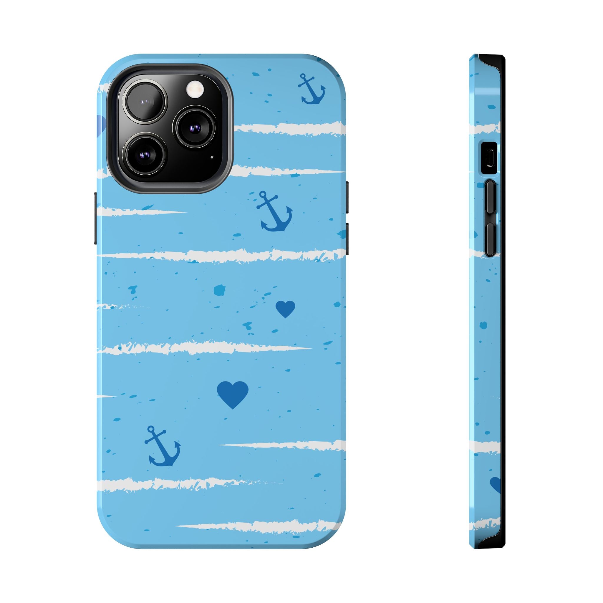 Nautical Blue Anchor & Hearts Tough Phone Case — Cute Striped Protective Cover