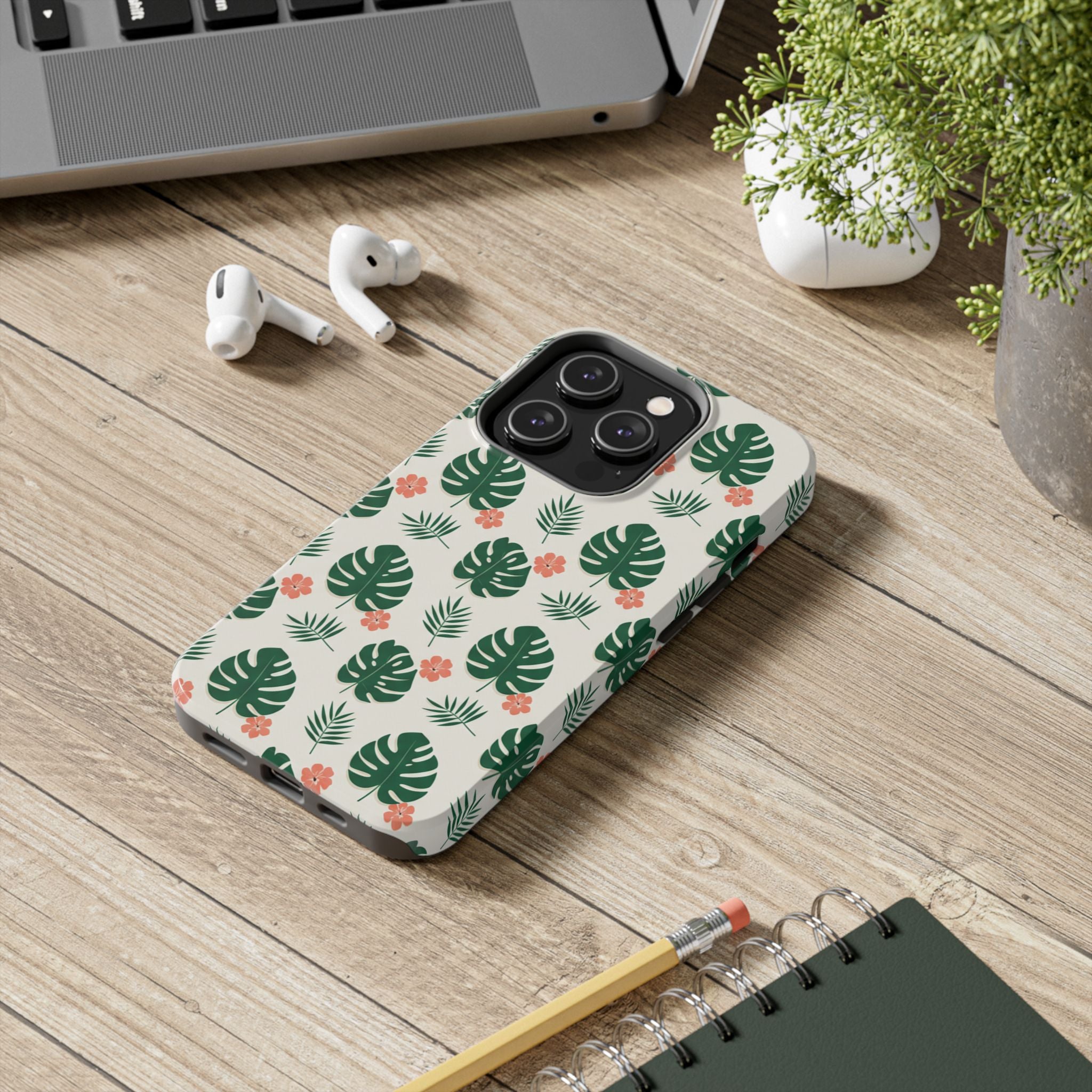 Tropical Leaves Tough Phone Case — Monstera & Pink Floral Protective Cover