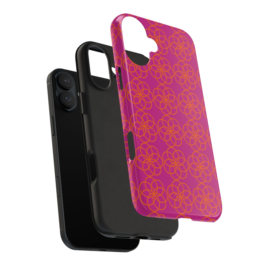 Floral Geometric Tough Phone Case — Pink & Orange Patterned Protective Cover