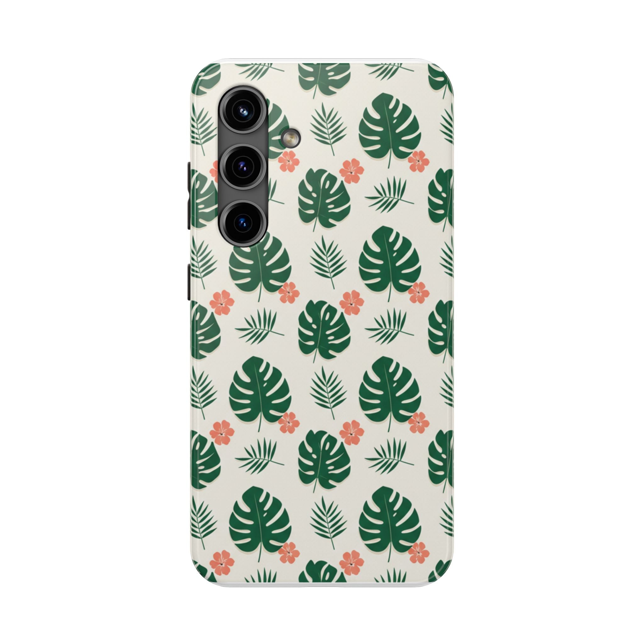 Tropical Leaves Tough Phone Case — Monstera & Pink Floral Protective Cover
