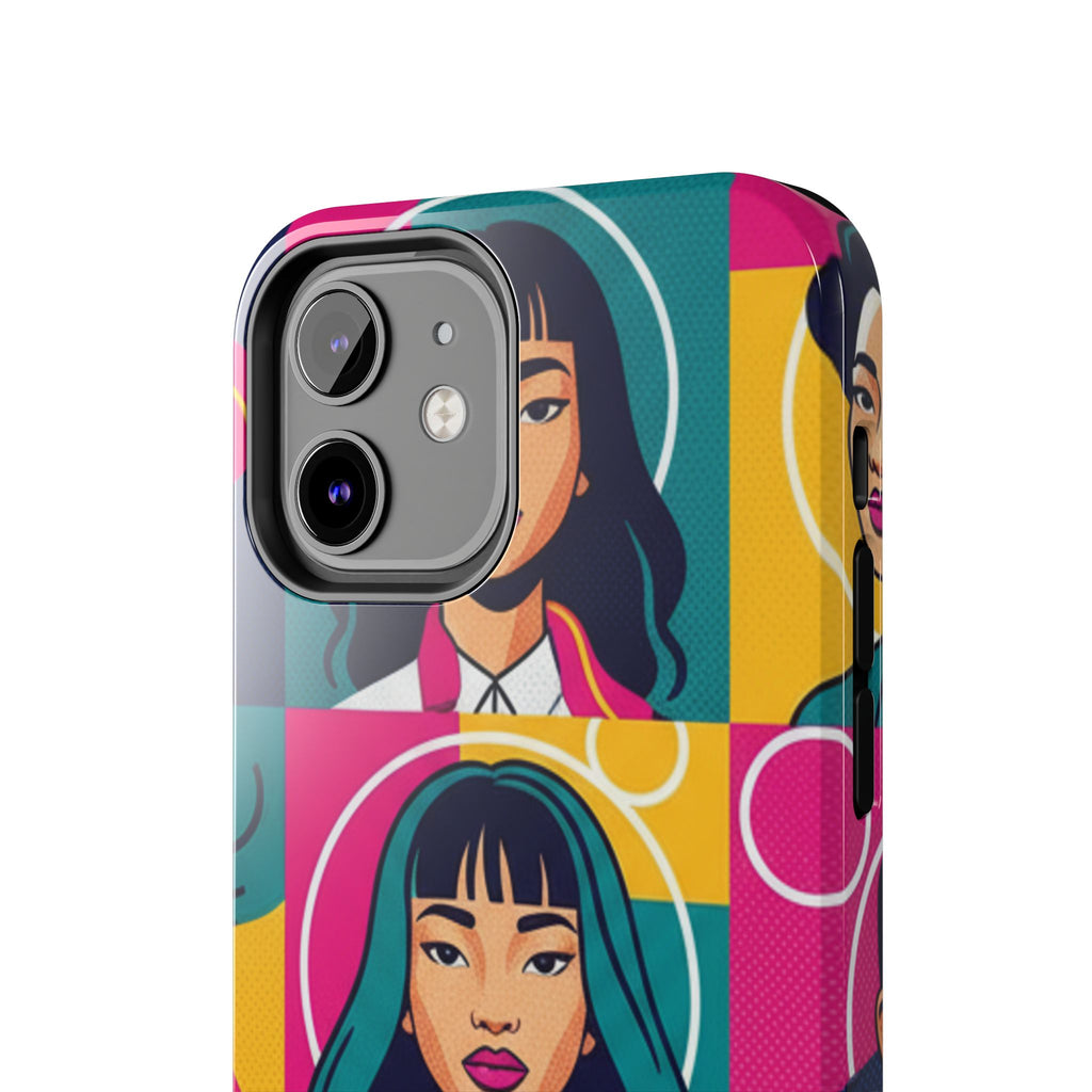 Bold Pop Art Faces Tough Phone Case — Colorful Retro Portrait Protective Cover