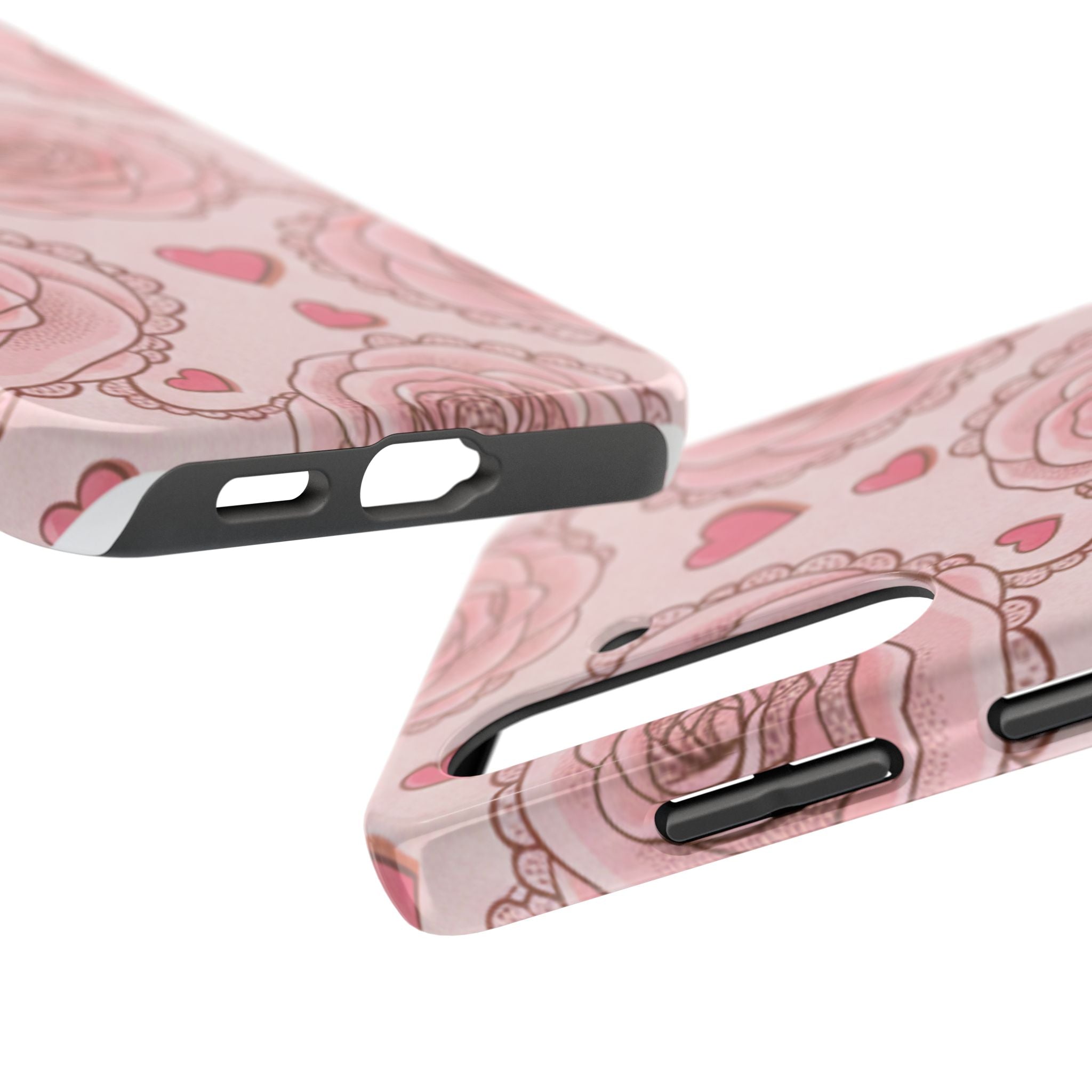 Floral Heart Phone Case — Pink Rose Pattern Tough Protective Case