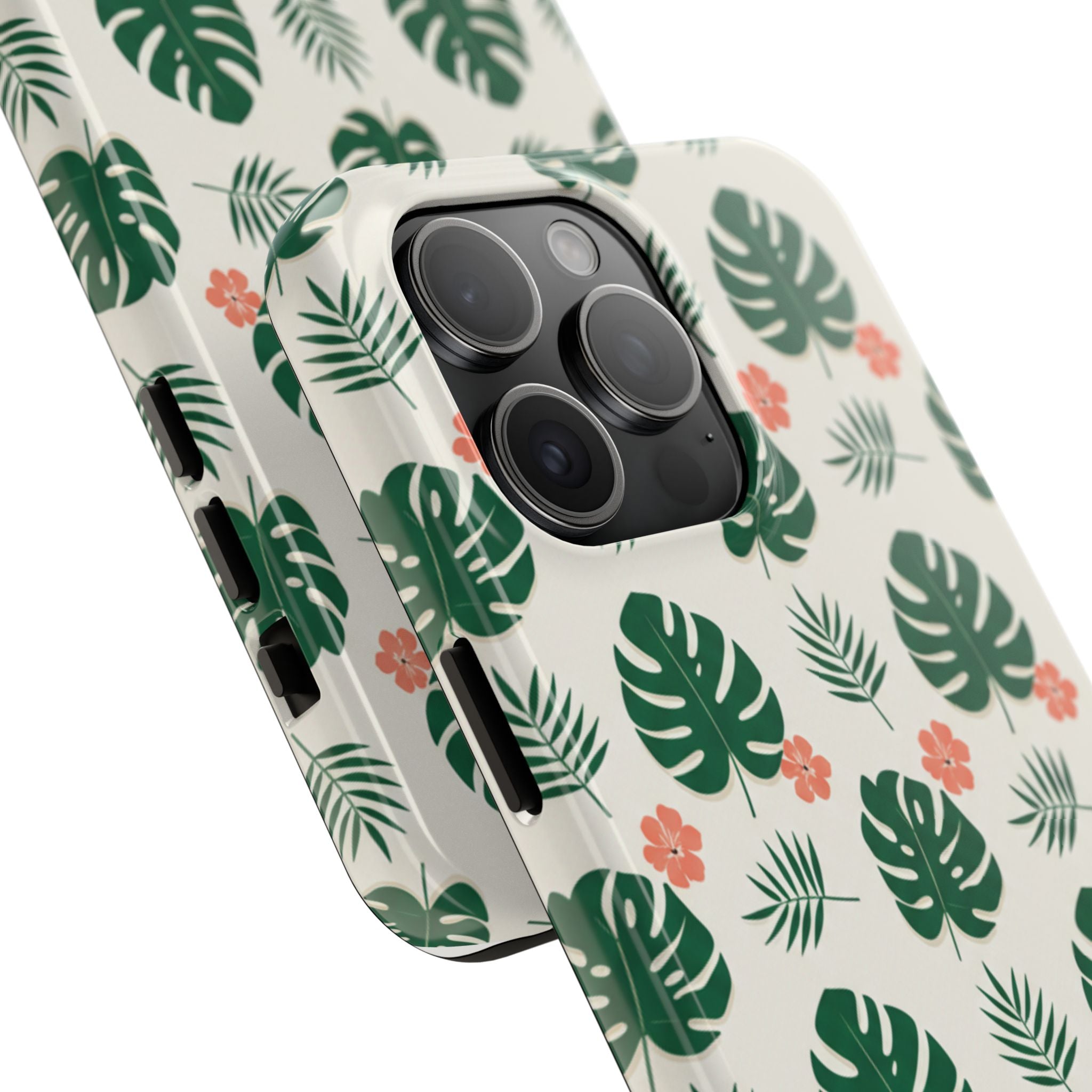 Tropical Leaves Tough Phone Case — Monstera & Pink Floral Protective Cover
