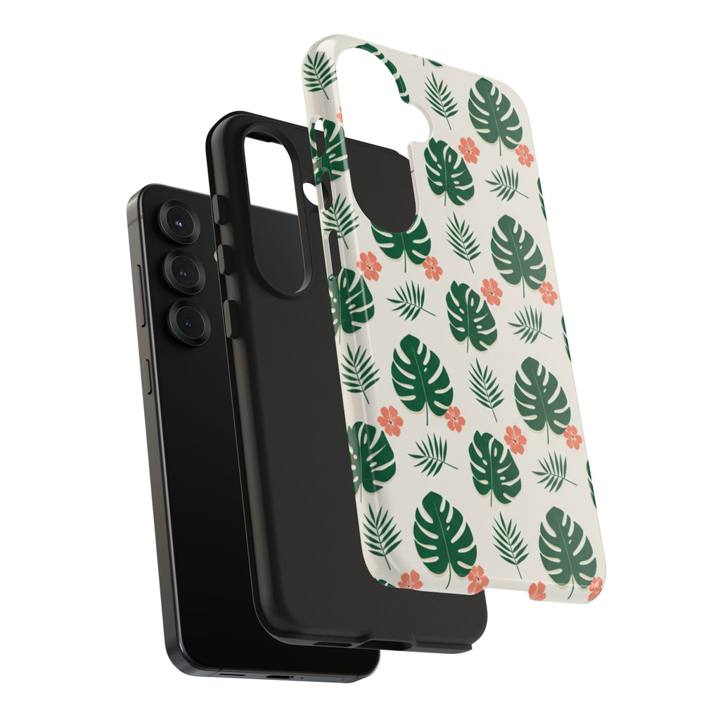 Tropical Leaves Tough Phone Case — Monstera & Pink Floral Protective Cover
