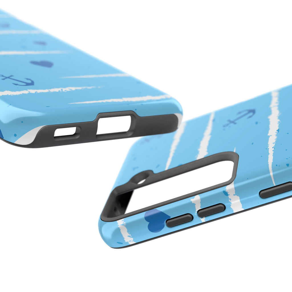 Nautical Blue Anchor & Hearts Tough Phone Case — Cute Striped Protective Cover