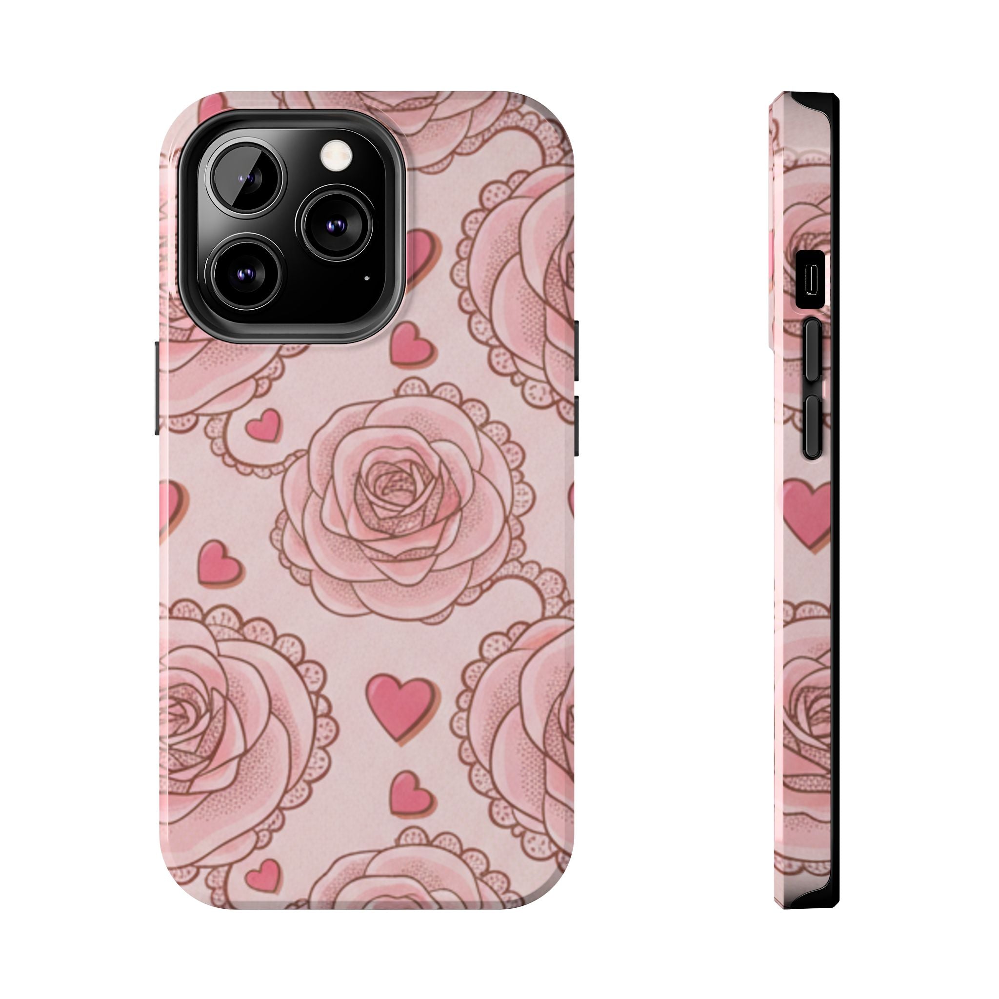Floral Heart Phone Case — Pink Rose Pattern Tough Protective Case